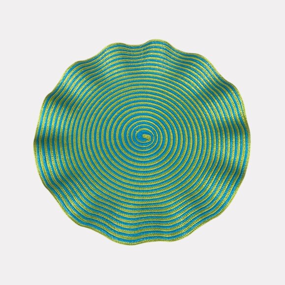 Pier 1 Imports Five Piece Round Ruffle Edge Placemats Blue Yellow Green Metallic - Picture 4 of 8
